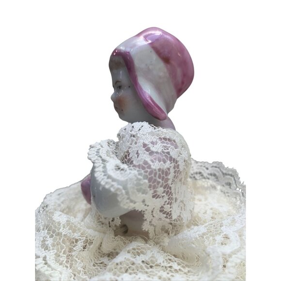 VTG Porcelain Pin Cushion Half Doll Lace Dress Pink Bonnet Rosy Cheeks - Picture 4 of 10